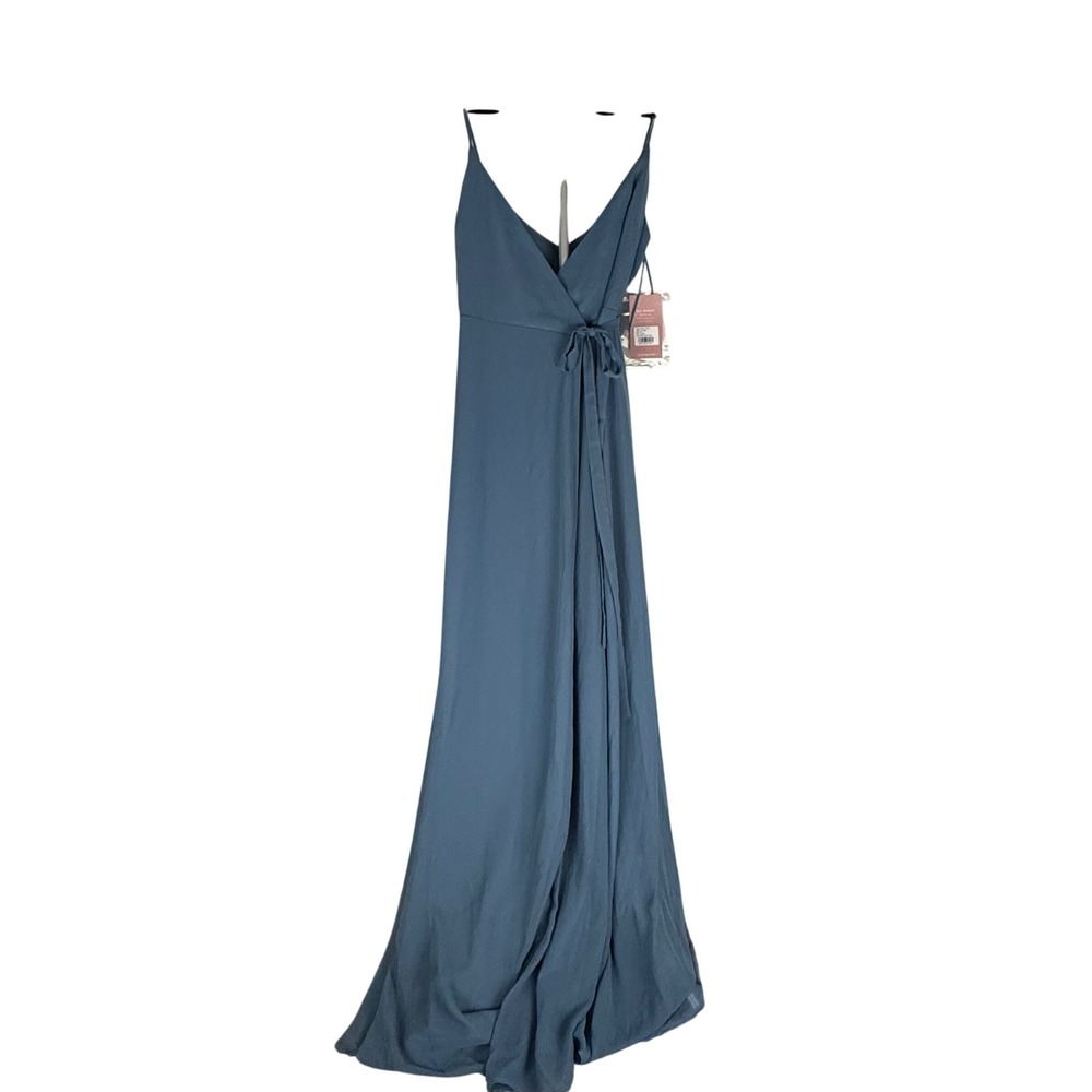 Birdy Grey Cindy Bridesmaid Dress Twilight Blue Spaghetti Strap Wrap Maxi XS NWT